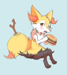 Rule 34 | 1girl, animal ear fluff, blue background, blush, braixen, burger, commentary, creatures (company), english commentary, food, game freak, gen 6 pokemon, holding, holding food, invisible chair, jalm, looking at viewer, nintendo, orange eyes, parted lips, pokemon, pokemon (creature), simple background, sitting, solo, wide-eyed