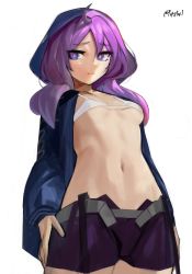 Rule 34 | 1girl, ahoge, arknights, bikini, bikini top only, blue jacket, blue poison (arknights), breasts, bright pupils, closed mouth, cowboy shot, firstw1, from below, jacket, light frown, long hair, long sleeves, looking at viewer, looking down, low twintails, navel, open clothes, open jacket, purple eyes, purple hair, purple shorts, short shorts, shorts, simple background, small breasts, solo, stomach, sweatdrop, swimsuit, twintails, twitter username, underboob, white background, white bikini
