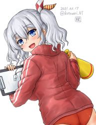 Rule 34 | 1girl, artist logo, ass, blue eyes, buruma, clipboard, commentary request, cowboy shot, dated, from behind, grey eyes, highres, jacket, kantai collection, kashima (kancolle), kotowari (newtype kenkyuujo), long hair, looking at viewer, looking back, megaphon, one-hour drawing challenge, red buruma, red jacket, sidelocks, silver hair, simple background, solo, track jacket, twintails, twitter username, wavy hair, whistle, whistle around neck, white background