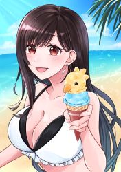 Rule 34 | 1girl, absurdres, beach, bikini, black hair, blue sky, breasts, brown hair, chocobo, cleavage, cloud, cloudy sky, collarbone, costa del sol, earrings, final fantasy, final fantasy vii, final fantasy vii remake, highres, holding food, holding ice cream, ice cream, jewelry, kt9 ct, large breasts, long hair, ocean, open mouth, palm tree, red eyes, sand, sky, solo, square enix, swimsuit, tifa lockhart, tree, upper body