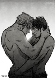Rule 34 | 2boys, ass grab, bad id, bad tumblr id, bara, black hair, blonde hair, blush, couple, cris art, forehead-to-forehead, from side, grabbing another&#039;s ass, greyscale, groping, hair over eyes, hand under clothes, hands on another&#039;s neck, heads together, hulkling, male focus, marvel, monochrome, multiple boys, short hair, sideburns, smile, thick eyebrows, toned, toned male, topless male, wiccan, yaoi