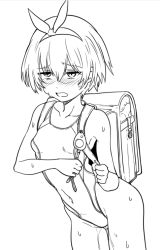 Rule 34 | 1girl, aiuti, backpack, bag, blush, breasts, collarbone, commentary request, competition swimsuit, crime prevention buzzer, embarrassed, hairband, highleg, highleg swimsuit, lineart, monochrome, nose blush, one-piece swimsuit, original, randoseru, short hair, small breasts, solo, standing, sweat, nervous sweating, swimsuit