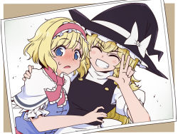 Rule 34 | 2girls, ^ ^, alice margatroid, apron, black vest, blonde hair, blue dress, blue eyes, blush, bow, braid, capelet, closed eyes, closed mouth, commentary request, dress, frilled hairband, frilled sleeves, frills, grin, hair bow, hairband, hand on another&#039;s shoulder, hat, hat ribbon, kirisame marisa, lolita hairband, long hair, looking at viewer, multiple girls, open mouth, photo (medium), puffy short sleeves, puffy sleeves, ribbon, shio (futatsumami), shirt, short hair, short sleeves, single braid, smile, sweatdrop, touhou, upper body, v, vest, white apron, white bow, white capelet, white ribbon, white shirt, witch hat, ||/