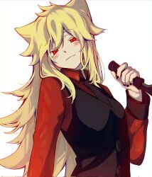 Rule 34 | 1girl, animal ears, black nails, black necktie, black vest, blonde hair, buttons, cat ears, closed mouth, collared shirt, fang, funamusea, highres, holding, holding knife, knife, light smile, long hair, looking at viewer, moge-ko, mogeko castle, necktie, red eyes, red shirt, shirt, shuuya (zweishun ), simple background, solo, very long hair, vest, white background