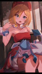 Rule 34 | 1girl, arm wrap, blonde hair, blue eyes, creatures (company), dress, fanning self, game freak, gen 4 pokemon, glaceon, hairband, highres, irida (pokemon), jewelry, knees, neck ring, nintendo, on lap, open mouth, pokemon, pokemon (creature), pokemon legends: arceus, pokemon on lap, red hairband, red shirt, shirt, short hair, shorts, strapless, strapless shirt, umiru, waist cape, white shorts