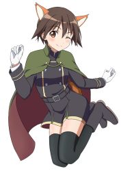 Rule 34 | 1girl, alternate costume, black thighhighs, blush, brown eyes, brown hair, cape, closed mouth, eyebrows hidden by hair, full body, gloves, green cape, highres, kanata mako, looking at viewer, military, military uniform, miyafuji yoshika, one eye closed, short hair, simple background, smile, solo, strike witches, thighhighs, uniform, white background, white gloves, world witches series