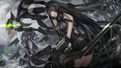 Rule 34 | 3girls, aiming, aiming at viewer, backless dress, backless outfit, black dress, black gloves, black hair, black shirt, black shorts, breasts, brown eyes, city, claws, company name, dress, drone, dual wielding, dutch angle, energy weapon, executioner (girls&#039; frontline), firing, from side, game cg, garter straps, girls&#039; frontline, gloves, glowing gun barrel, green eyes, grin, gun, handgun, headgear, holding, holding gun, holding sword, holding weapon, holster, hunter (girls&#039; frontline), infukun, jumping, large arm, large breasts, laser, long hair, looking at viewer, looking to the side, magazine (weapon), mask, mechanical arms, midair, mouth mask, multiple girls, navel, official art, red eyes, respirator, ruins, sangvis ferri, scarecrow (girls&#039; frontline), shirt, short hair, shorts, single mechanical arm, sleeveless, sleeveless shirt, smile, sword, thighhighs, twintails, vertical-striped sleeves, very long hair, weapon, white hair