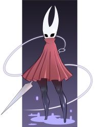 Rule 34 | 1girl, black skin, cloak, colored skin, covered mouth, eye socket, highres, holding, holding weapon, hollow knight, hornet (hollow knight), horns, needle (hollow knight), nisetanaka, no feet, red cloak, simple background, solo, standing, string, weapon, wide hips