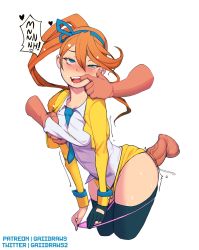Rule 34 | 1girl, ace attorney, athena cykes, bad id, bad pixiv id, black gloves, black nails, black thighhighs, blue eyes, blue hairband, blush, grabbing another&#039;s breast, breasts, clothes lift, covered erect nipples, cropped jacket, cropped legs, disembodied hand, disembodied penis, drooling, english text, eyebrows hidden by hair, finger in another&#039;s mouth, fish hook, fucked silly, gaiidraws, gloves, grabbing, groping, hairband, hetero, highres, jacket, large penis, long hair, medium breasts, miniskirt, nail polish, nose blush, orange hair, panties, panty pull, partially fingerless gloves, penis, phoenix wright: ace attorney - dual destinies, pink panties, ponytail, pulling own clothes, sex, sex from behind, shirt, single glove, skirt, skirt lift, solo focus, sweat, teeth, testicles, thighhighs, thighs, thong, trembling, unaligned breasts, underwear, upper teeth only, veins, veiny penis, white background, white shirt, wrist cuffs, yellow jacket, yellow skirt