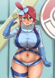 Rule 34 | 1girl, arm up, blue eyes, blue gloves, blue jacket, blue shorts, blush, breasts, coin, covered erect nipples, cowboy shot, creatures (company), crop top, cropped jacket, curvy, forced, game freak, globes, gloves, gym leader, hair between eyes, hair ornament, hand on own hip, hand to forehead, holed coin, huge breasts, hypnosis, indoors, jacket, long hair, long sleeves, midriff, mind control, motion blur, navel, nintendo, pokemon, pokemon bw, pouch, red hair, salute, short shorts, shorts, sidelocks, skindentation, skyla (pokemon), smile, solo, standing, stomach, suspenders, thigh pouch, thigh strap, thighs, turtleneck, v-shaped eyebrows, wide hips, yamaori