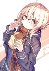 Rule 34 | 1girl, absurdres, ahoge, artoria pendragon (fate), black-framed eyewear, blonde hair, blush, braid, breasts, burger, eating, fal maro, fate/grand order, fate (series), food, glasses, hair between eyes, highres, holding, holding food, jacket, looking at viewer, mysterious heroine x alter (fate), mysterious heroine x alter (first ascension) (fate), outdoors, plaid, plaid scarf, red scarf, scarf, semi-rimless eyewear, sitting, skirt, solo, under-rim eyewear, yellow eyes