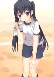 Rule 34 | 1girl, :o, bad id, bad pixiv id, black hair, black socks, blue shorts, blush, collarbone, day, gym shirt, gym shorts, gym uniform, hair between eyes, hand on own knee, highres, holding, holding towel, kneehighs, knees together feet apart, leaning forward, long hair, looking at viewer, open mouth, original, outdoors, red eyes, shirt, short sleeves, shorts, sidelocks, socks, solo, standing, sweat, tareme, towel, towel around neck, twintails, usagino suzu, white shirt