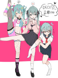 Rule 34 | 3girls, absurdres, bespectacled, black-framed eyewear, black footwear, black nails, black skirt, blue hair, blush, cinderella (vocaloid), closed eyes, commentary, creator connection, eighth note, facing viewer, fishnet pantyhose, fishnets, flying sweatdrops, foot out of frame, full body, glasses, green eyes, hatsune miku, heart, highres, jirai kei, long sleeves, looking at viewer, miniskirt, multiple girls, musical note, nail polish, neckerchief, no shoes, open mouth, pantyhose, pink background, pink shirt, pink shorts, pleated skirt, red neckerchief, sailor collar, school uniform, semi-rimless eyewear, serafuku, shirt, shoes, shorts, sidelocks, simple background, skirt, smile, socks, songover, speech bubble, split, spoken heart, spoken musical note, standing, standing on one leg, standing split, struggling, suspenders, translated, twintails, two-tone background, v, vampire (vocaloid), vocaloid, waimoniku, white background, white shirt, white socks