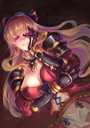 Rule 34 | 1girl, armor, belt, blonde hair, bow, breasts, cleavage, crazy eyes, crazy smile, crossed arms, detached collar, dress, gauntlets, gem, granblue fantasy, granblue fantasy versus, hair between eyes, hair bow, hand on own face, highres, large breasts, long hair, looking at viewer, ponytail, red dress, red eyes, shoulder armor, shouma (bravespiritya), simple background, smile, vira (granblue fantasy)