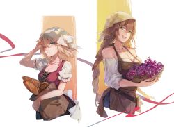Rule 34 | 2girls, arm up, bare shoulders, blonde hair, blue eyes, braid, braided ponytail, bread, breasts, brown hair, cleavage, collarbone, food, fruit, g36 (girls&#039; frontline), girls&#039; frontline, grapes, green eyes, hair between eyes, hair ornament, hairclip, highres, imoko (imonatsuki), long hair, looking at viewer, multiple girls, one eye closed, open mouth, parted lips, short hair, short sleeves, smile, springfield (girls&#039; frontline), white background