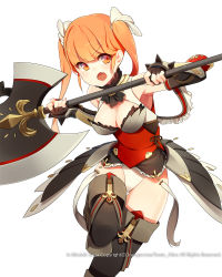 Rule 34 | 1girl, arm guards, armor, armored dress, axe, battle axe, black gloves, boots, breasts, cleavage, cleavage cutout, clothing cutout, elbow gloves, fang, fingerless gloves, gloves, highres, leotard, long hair, matching hair/eyes, medium breasts, open mouth, orange eyes, orange hair, original, solo, ssberit, thigh boots, thighhighs, twintails, watermark, weapon