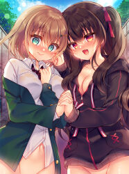 Rule 34 | 2girls, :d, @ @, arm between breasts, between breasts, black hair, black jacket, blue sky, blush, bottomless, breasts, brown hair, cleavage, closed mouth, cloud, cloudy sky, collarbone, collared shirt, commentary request, day, dress shirt, exhibitionism, green eyes, green jacket, groin, hair ornament, hairclip, highres, holding hands, hood, hood down, hooded jacket, interlocked fingers, jacket, long hair, long sleeves, medium breasts, multiple girls, navel, no panties, nose blush, open clothes, open jacket, open mouth, original, out-of-frame censoring, outdoors, public indecency, puffy long sleeves, puffy sleeves, red eyes, shirt, sky, smile, suzunone rena, two side up, very long hair, wavy mouth, white shirt
