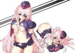 Rule 34 | 2girls, all fours, arms behind back, azur lane, bikini, bikini bottom only, black gloves, blue eyes, blunt bangs, blunt ends, blush, breasts, butt crack, closed eyes, closed mouth, cosplay, crop top, elbow gloves, eyepatch, glasses, gloves, gneisenau (azur lane), gneisenau (azur lane) (cosplay), hand on own ass, hat, highres, jacket, large breasts, long hair, looking at another, multiple girls, navel, no pants, open clothes, open fly, open jacket, p.i.t.d, pink hair, red-framed eyewear, scharnhorst (azur lane), semi-rimless eyewear, shiny skin, side-tie bikini bottom, simple background, smile, swimsuit, thighhighs, two-tone shirt, underboob, very long hair, white background, white bikini