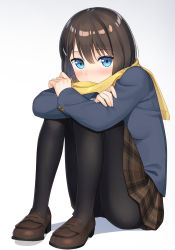 Rule 34 | 1girl, absurdres, apollo (hu maple), black hair, black pantyhose, blazer, blue eyes, blue jacket, blush, brown footwear, brown skirt, commentary request, covered mouth, crossed arms, fringe trim, full body, grey background, hair between eyes, highres, jacket, knees up, loafers, long sleeves, looking at viewer, nose blush, original, pantyhose, plaid, plaid skirt, pleated skirt, scarf, school uniform, shadow, shoes, skirt, sleeves past wrists, solo, yellow scarf