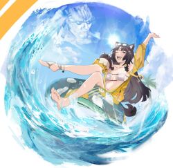 Rule 34 | 1girl, ;d, animal ear fluff, animal ears, arknights, arm up, barefoot, bikini, bikini under clothes, black hair, blue sky, breasts, brown eyes, character request, cloud, collarbone, day, dog ears, dog girl, dog tail, dragon bubble (arknights), eyepatch bikini, eyewear on head, facial mark, forehead mark, innertube, jacket, kyushi (user 41158199), long hair, long sleeves, medium breasts, one eye closed, open clothes, open jacket, open mouth, parted bangs, projected inset, puffy long sleeves, puffy sleeves, saga (arknights), sky, smile, sun, sunglasses, swim ring, swimsuit, tail, very long hair, washing, waves, white bikini, yellow jacket