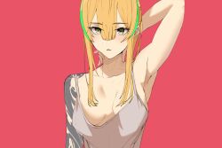 Rule 34 | 1girl, absurdres, arm tattoo, armpits, blonde hair, blunt bangs, breasts, cleavage, highres, long hair, loose clothes, medium breasts, military, multicolored hair, one eye closed, original, pen guin15, red background, solo, streaked hair, tank top, tattoo