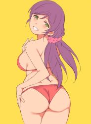 Rule 34 | 1girl, ass, bra, breasts, cowboy shot, dimples of venus, duke (inu daimyou), from behind, green eyes, grin, hair ornament, hair scrunchie, hand on own hip, hand on own shoulder, long hair, looking at viewer, looking back, love live!, love live! school idol project, medium breasts, panties, pink scrunchie, purple hair, red bra, red panties, scrunchie, sideboob, simple background, smile, solo, tojo nozomi, twintails, underwear, underwear only, yellow background