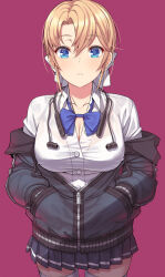 Rule 34 | 1girl, blonde girl (itou), blonde hair, blue bow, blue eyes, bow, bowtie, braid, breasts, cleavage, collarbone, collared shirt, commentary, commentary request, cowboy shot, earphones removed, expressionless, french braid, grey jacket, hair between eyes, hair bow, hands in pockets, highres, itou (onsoku tassha), jacket, large breasts, light frown, looking at viewer, loose bowtie, off shoulder, open clothes, original, partially unbuttoned, partially unzipped, pink background, pleated skirt, raised eyebrows, shirt, sidelocks, simple background, skirt, solo, standing, thighhighs, white bow, white shirt, white thighhighs