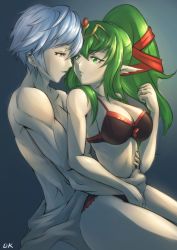 Rule 34 | aged up, bra, breasts, brown eyes, cleavage, commentary request, couple, deekei, eye contact, fire emblem, fire emblem awakening, fire emblem heroes, green eyes, green hair, hair between eyes, hair ornament, hair ribbon, hetero, highres, hug, hug from behind, husband and wife, imminent kiss, jewelry, large breasts, long hair, looking at another, looking back, muscular, nintendo, panties, pointy ears, red bra, red panties, red ribbon, ribbon, ring, robin (fire emblem), robin (male) (fire emblem), short hair, silver hair, tiki (adult) (fire emblem), tiki (fire emblem), underwear, underwear only, wedding band