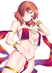 Rule 34 | 1girl, bangle, bare shoulders, bracelet, breast curtains, breasts, bucchake (asami), circlet, cleavage, closed mouth, commission, cowboy shot, dancer, hand up, jewelry, large breasts, looking at viewer, love live!, love live! school idol project, navel, nishikino maki, pelvic curtain, pixiv commission, purple eyes, red hair, revealing clothes, short hair, simple background, skindentation, smile, solo, standing, stomach, thighlet, thighs, white background