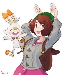 Rule 34 | 1girl, animal ears, bag, blush, brown eyes, brown hair, creature, creatures (company), game freak, gen 8 pokemon, gloria (pokemon), green hat, happy, hat, highres, ippers, looking at viewer, nintendo, open mouth, pokemon, pokemon (creature), pokemon swsh, rabbit, rabbit ears, rabbit pose, scorbunny, short hair, simple background, smile, tam o&#039; shanter, white background