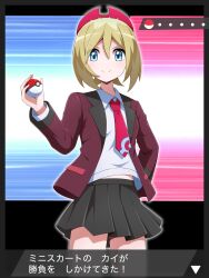 1girl absurdres alternate_costume blonde_hair blue_eyes cosplay creatures_(company) game_freak hairband highres holding holding_poke_ball irida_(pokemon) jacket miniskirt necktie nintendo open_clothes open_jacket poke_ball poke_ball_symbol pokemon pokemon_legends:_arceus shabana_may shirt short_hair skirt solo trainer_wants_to_battle