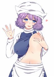 Rule 34 | 1girl, apron, bad id, bad twitter id, blue eyes, blush, breast hold, breast lift, breasts, clothes lift, covered erect nipples, hat, head tilt, heart, large breasts, letty whiterock, light purple hair, long sleeves, looking at viewer, midriff, navel, nipples, one breast out, open mouth, shirt, shirt lift, short hair, simple background, skirt, skirt set, smile, solo, touhou, turtleneck, upper body, urin, vest, waist apron, white background