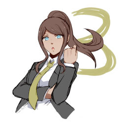 Rule 34 | 1girl, :o, asahina aoi, black jacket, blue eyes, breasts, brown hair, brown necktie, collared shirt, commentary request, cropped torso, danganronpa (series), danganronpa 3 (anime), dark-skinned female, dark skin, floating hair, formal, hand up, high ponytail, jacket, long hair, long sleeves, looking at viewer, lowres, meipoi, necktie, open clothes, open jacket, open mouth, ponytail, shirt, smile, solo, upper body, white shirt