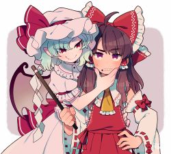 Rule 34 | 2girls, anger vein, ascot, bad id, bad twitter id, bat wings, blue hair, bow, brown hair, detached sleeves, dot nose, eyebrows, fang, fang out, gohei, hair bow, hair tubes, hakurei reimu, hand on another&#039;s chin, hat, hat ribbon, kiri futoshi, mob cap, multiple girls, puffy short sleeves, puffy sleeves, purple eyes, red eyes, remilia scarlet, ribbon, ribbon-trimmed sleeves, ribbon trim, short sleeves, skirt, skirt set, smile, thick eyebrows, touhou, wide sleeves, wings