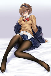 Rule 34 | 1girl, arm support, black pantyhose, blue eyes, blush, breasts, brown hair, ear blush, feet, glasses, hairband, hand on own chest, highres, lips, looking at viewer, makimura shunsuke, medium breasts, navel, no shoes, original, pantyhose, red-framed eyewear, school uniform, short hair, sitting, skirt, solo, sweater, toes