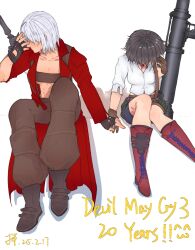 1boy 1girl anniversary ban_0607 black_hair blush boots dante_(devil_may_cry) dated devil_may_cry devil_may_cry_(series) devil_may_cry_3 embarrassed highres holding_hands jacket kalina_ann_(weapon) lady_(devil_may_cry) looking_to_the_side red_jacket rocket_launcher sword weapon white_background white_hair