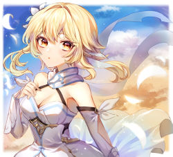 Rule 34 | 1girl, bare shoulders, blonde hair, blue sky, blush, breasts, cleavage, cloud, cloudy sky, dress, feather hair ornament, feathers, fingernails, flower, genshin impact, hair flower, hair ornament, highres, ichiyume ichiyu, light blush, light particles, light rays, lumine (genshin impact), medium hair, orange sky, outdoors, parted lips, petals, scarf, signature, sky, solo, sunrise, white feathers, white flower, white scarf, yellow eyes