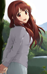 Rule 34 | 1girl, arms behind back, brown eyes, brown hair, forest, from behind, hairband, highres, idolmaster, idolmaster million live!, long hair, looking at viewer, nature, open mouth, outdoors, shuucream (syuichi), smile, solo, tanaka kotoha, tree