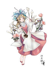 Rule 34 | 1girl, blonde hair, dress, flower, flower request, full body, gin fragrans, hair ribbon, highres, holding, instrument, light smile, long hair, long sleeves, looking at viewer, lute (instrument), pink flower, ribbon, satsuki rin, simple background, solo, standing, touhou, white background