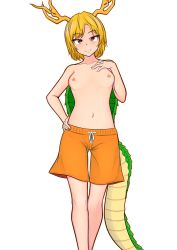 Rule 34 | 1girl, antlers, blonde hair, blush, breasts, closed mouth, collarbone, commentary request, crossdressing, dragon horns, dragon tail, drawstring, feet out of frame, female focus, gluteal fold, hand on own chest, hand on own hip, head tilt, highres, horns, kicchou yachie, kim0501, looking at viewer, male swimwear, male swimwear challenge, nipples, nude, orange eyes, orange male swimwear, orange swim trunks, parted bangs, short hair, simple background, small breasts, smile, solo, standing, swim trunks, swimsuit, tail, topless, touhou, turtle shell, white background