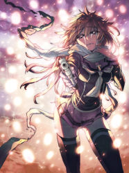 Rule 34 | 1girl, aiming, aiming at viewer, aria link, black thighhighs, blush, brown eyes, brown hair, contrapposto, gun, handgun, holding, holding gun, holding weapon, light particles, long hair, nagy, revolver, sailor collar, scarf, skirt, solo, standing, tears, tegami bachi, thighhighs, weapon, zettai ryouiki