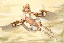 Rule 34 | 1girl, armlet, bare shoulders, blonde hair, blue eyes, boots, breasts, cloud, cloudy sky, commentary request, criss-cross halter, day, flying, full body, gold, grin, groin, hair between eyes, halterneck, holding, long hair, looking away, looking to the side, medium breasts, navel, original, outdoors, outstretched arm, panties, ranma (kamenrideroz), shiny skin, shoes, showgirl skirt, skirt, sky, smile, solo, stomach, thigh boots, thighhighs, underwear, white footwear, white panties, white skirt, white wings, winged footwear, wings