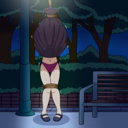 Rule 34 | 1girl, bdsm, bench, bondage, bound, clothes lift, creatures (company), game freak, hex maniac (pokemon), highres, humiliation, legs, legs tied, light, night, night sky, nintendo, panties, pokemon, pokemon xy, rope, skirt, skirt lift, skirt tied over head, sky, solo, struggling, stuck, tied up (nonsexual), tree, underwear, upskirt