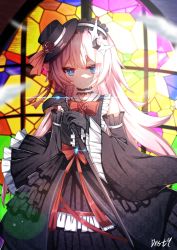 Rule 34 | 1girl, artist name, bare shoulders, black dress, black gloves, black headwear, black sleeves, blue eyes, cane, closed mouth, dress, dust9, gloves, hair ornament, holding, holding cane, honkai (series), honkai impact 3rd, long hair, looking at viewer, pink hair, rozaliya olenyeva, sleeveless, sleeveless dress, smile, solo, window