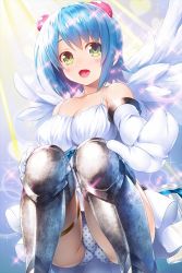 Rule 34 | 1girl, angel wings, armor, asymmetrical wings, blue hair, blush, bottle, breasts, cameltoe, chemise, cleavage, collarbone, crotch seam, elbow gloves, glint, gloves, greaves, green eyes, hair bobbles, hair ornament, hand up, large breasts, looking at viewer, nanael (queen&#039;s blade), nanael (queen&#039;s blade unlimited), official art, open mouth, panties, polka dot, polka dot panties, queen&#039;s blade, queen&#039;s blade unlimited, queen&#039;s blade white triangle, short hair, simple background, solo, squatting, thigh strap, thighs, underwear, white gloves, white wings, wings