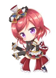 Rule 34 | 10s, 1girl, bow, cafe maid (love live!), chibi, dress, elbow gloves, gloves, hat, looking at viewer, love live!, love live! school idol festival, love live! school idol project, musical note, nishikino maki, purple eyes, red hair, ribbon, sakurai makoto (custom size), simple background, solo, striped clothes, striped thighhighs, thighhighs, top hat, treble clef, vertical-striped clothes, vertical-striped thighhighs, white background