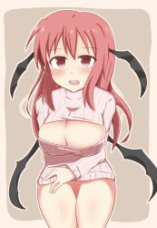 Rule 34 | 1girl, :d, bad id, bad pixiv id, bat wings, blush, bottomless, breasts, cleavage, female focus, head wings, highres, koakuma, large breasts, long hair, looking at viewer, low wings, meme attire, naked sweater, open-chest sweater, open mouth, red eyes, red hair, simple background, slime0301, smile, solo, sweater, touhou, wings