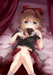 Rule 34 | 1girl, blonde hair, bloomers, blue eyes, bow, candy, chocolate, chocolate bar, dqn (dqnww), eating, female focus, food, frilled pillow, frills, hair bow, highres, lying, medicine melancholy, midriff, on back, on bed, pillow, short hair, skirt, solo, touhou, underwear