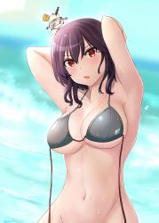 Rule 34 | 1girl, :o, absurdres, alternate hair ornament, arms behind back, artist name, bikini, black bikini, black hair, blue sky, blush, bottomless, breasts, cleavage, cloud, collarbone, commentary request, day, highres, jouzaburou (joe3), kantai collection, large breasts, looking at viewer, ocean, outdoors, red eyes, short hair, sky, solo, swimsuit, underboob, untied bikini, upper body, yamashiro (kancolle)
