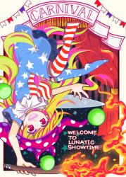 Rule 34 | 1girl, :d, american flag dress, american flag legwear, blonde hair, clownpiece, commentary, curtains, dress, english text, full body, hat, highres, jester cap, long hair, neck ruff, open mouth, pantyhose, pennant, polka dot headwear, purple eyes, purple hat, rizu mine, short sleeves, smile, solo, star (symbol), star print, striped clothes, striped dress, striped pantyhose, torch, touhou, upside-down, very long hair
